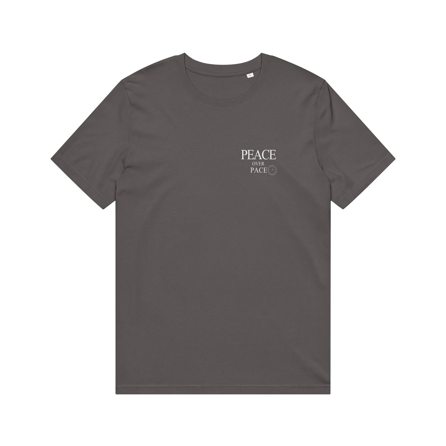 Unhurried Peace Over Pace anthracite tee — intentional living minimalist tee