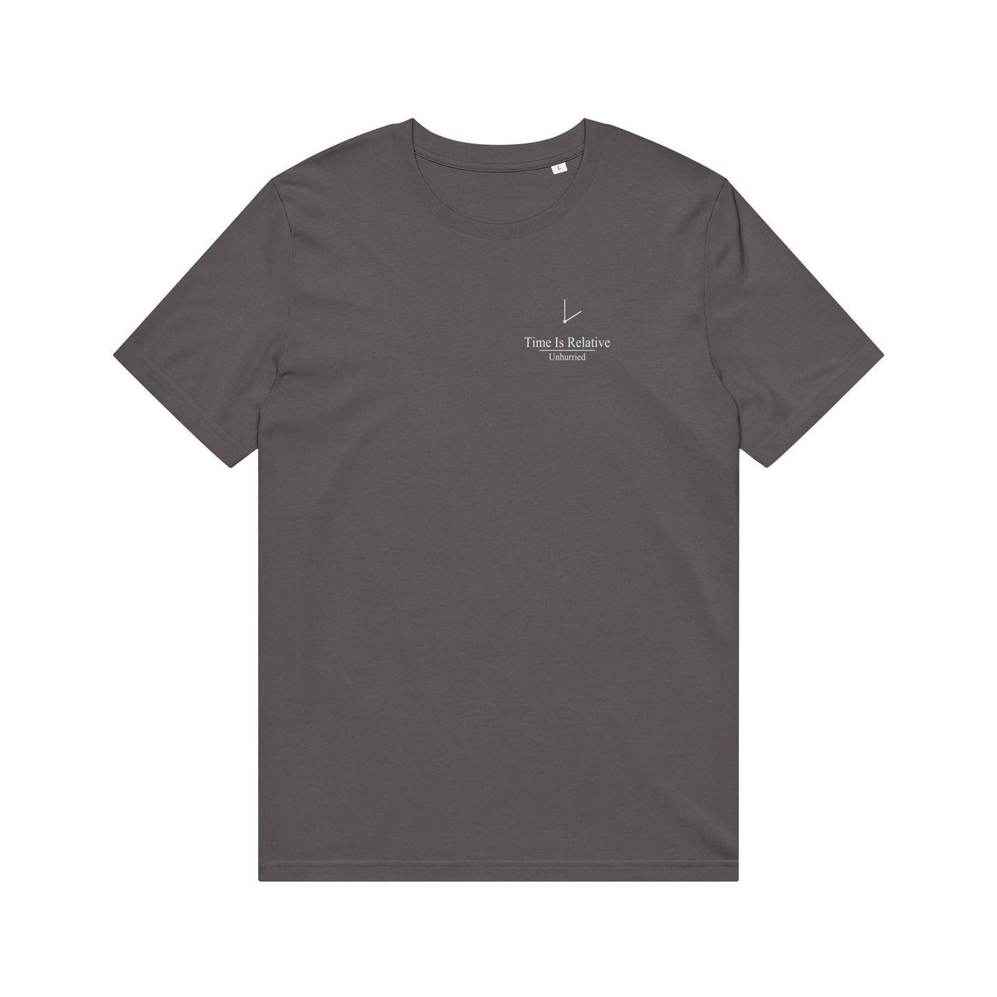 Unhurried Time Is Relative anthracite tee — minimalist slow fashion tee intentional living