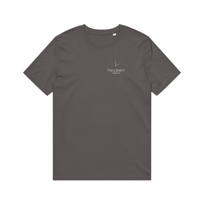 Unhurried Time Is Relative anthracite tee — minimalist slow fashion tee intentional living