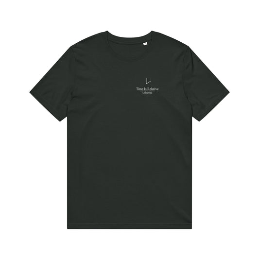 Unhurried Time Is Relative black tee — slow living t-shirt for people done rushing